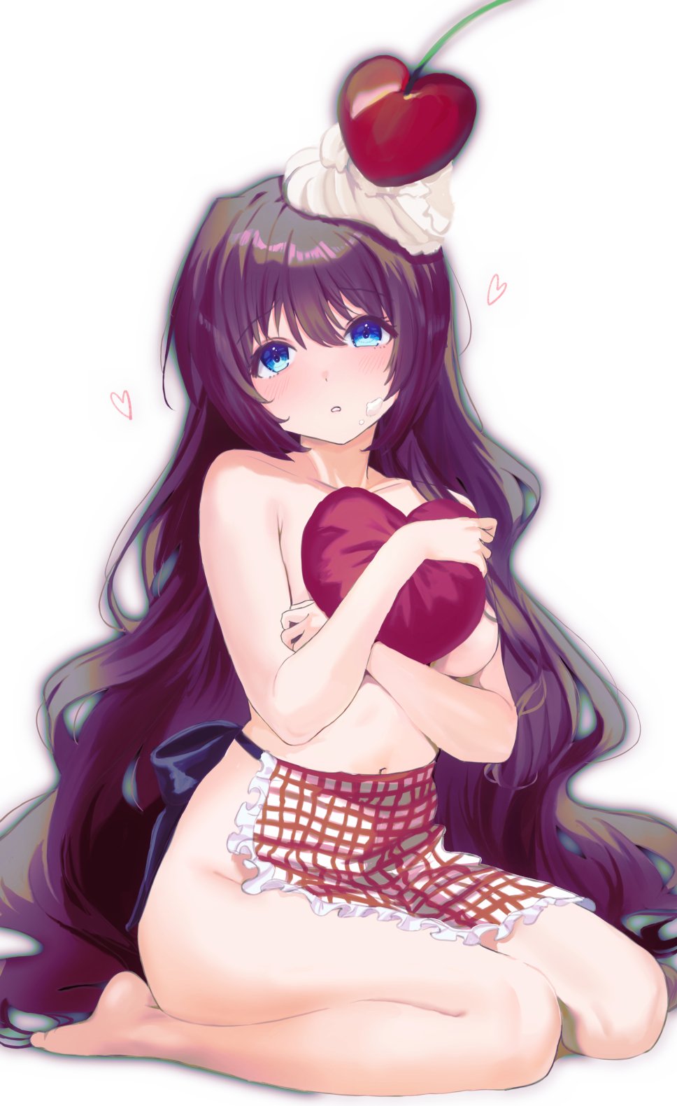 1girl, a-chan_(little_busters!), apron, bare_arms, bare_shoulders, barefoot, blue_eyes, blush, breasts, cherry, collarbone, commentary_request, covering_breasts, covering_privates, cream, cream_on_face, cream_on_hair, crossed_arms, eyelashes, food, food_on_face, frilled_apron, frills, fruit, full_body, hair_between_eyes, hands_up, head_tilt, heart, heart-shaped_pillow, highres, hugging_object, little_busters!, long_hair, looking_at_viewer, medium_breasts, miiizuno_lbs, naked_apron, navel, parted_lips, pillow, pillow_hug, plaid_apron, plaid_clothes, purple_hair, seiza, simple_background, sitting, solo, tareme, thighs, topless_female, very_long_hair, waist_apron, wavy_hair, white_apron, white_background