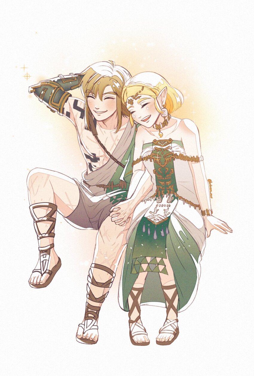 1boy, 1girl, arm_behind_head, bare_shoulders, battle_scarred, blonde_hair, blush, bracelet