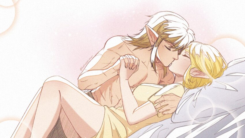 1boy, 1girl, battle_scarred, bed_sheet, blonde_hair, breasts, closed_eyes, couple