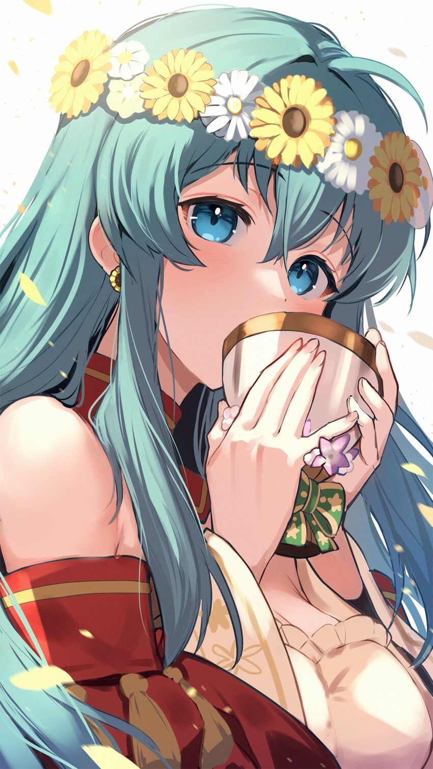 1girl, aqua_eyes, aqua_hair, bare_shoulders, chalice, commentary_request, covering_own_mouth, cup