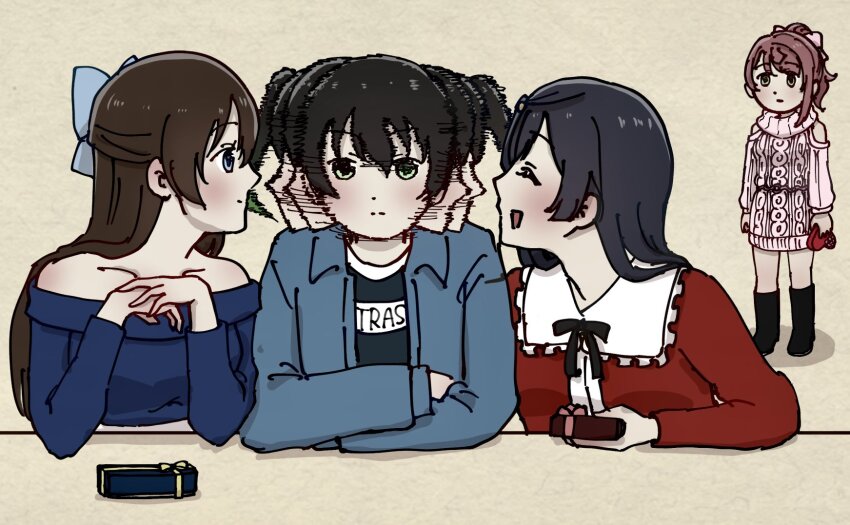 4girls, black_footwear, black_hair, black_ribbon, blue_dress, blue_jacket, boots, brown_hair, closed_eyes, commentary, commentary_request, dress, facing_another, gift, green_eyes, hair_between_eyes, half_updo, highres, holding, holding_gift, jacket, knee_boots, kue_(kanari_dekai), long_hair, long_sleeves, looking_at_another, love_live!, love_live!_nijigasaki_high_school_idol_club, medium_hair, motion_lines, multiple_girls, off-shoulder_dress, off_shoulder, open_mouth, osaka_shizuku, pink_hair, pink_sweater, red_jacket, ribbon, sidelocks, standing, sweater, takasaki_yu, the_weaker_sex_1_(gibson), turtleneck, turtleneck_sweater, uehara_ayumu, upper_body, yellow_background, yellow_eyes, yuki_setsuna_(love_live!)