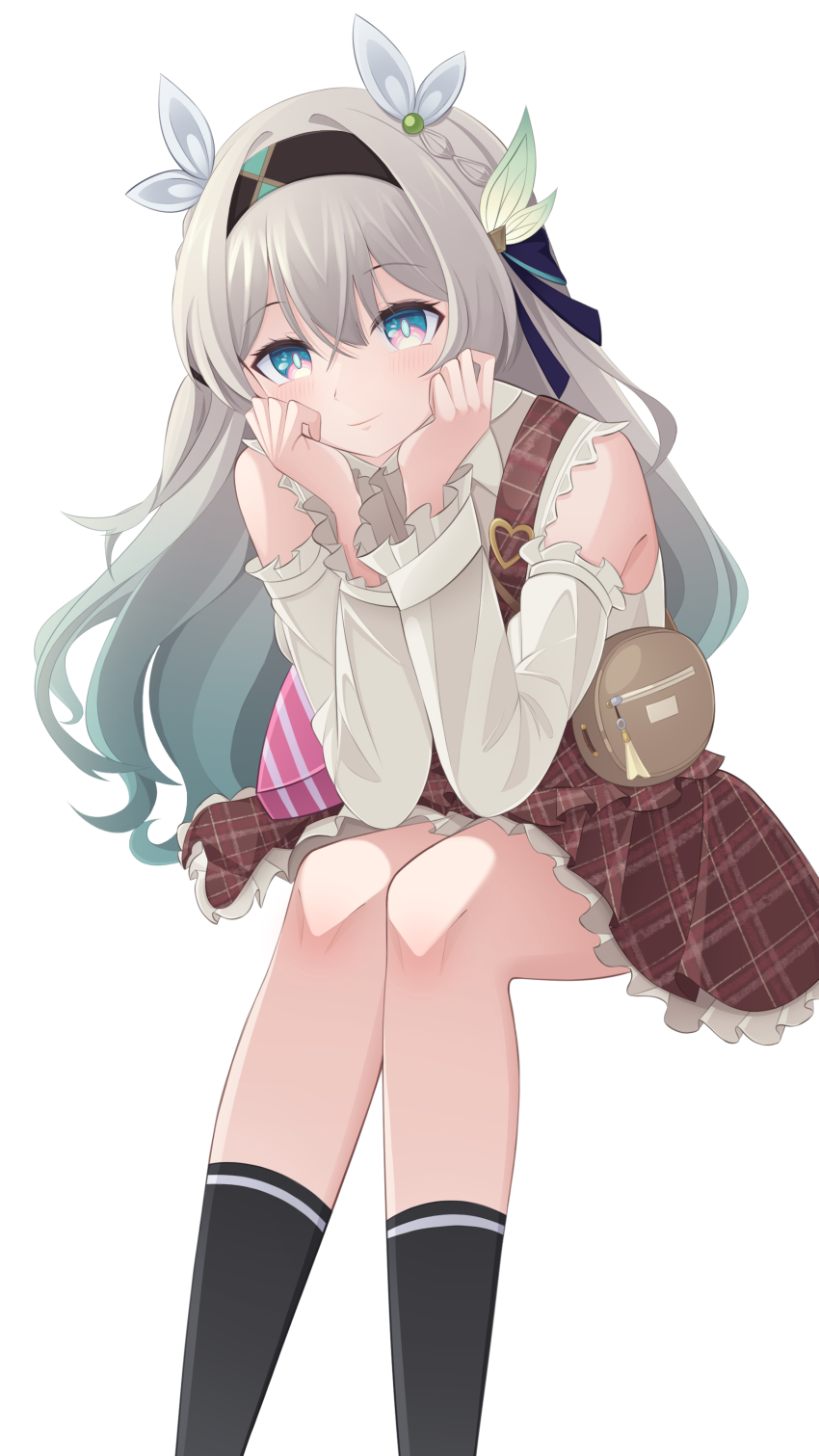 1girl, absurdres, bag, bare_shoulders, black_hairband, black_socks, blue_eyes, blue_hair