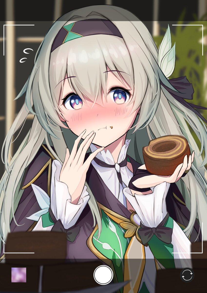 1girl, :t, absurdres, black_hairband, black_jacket, black_ribbon, blue_eyes, blue_pupils