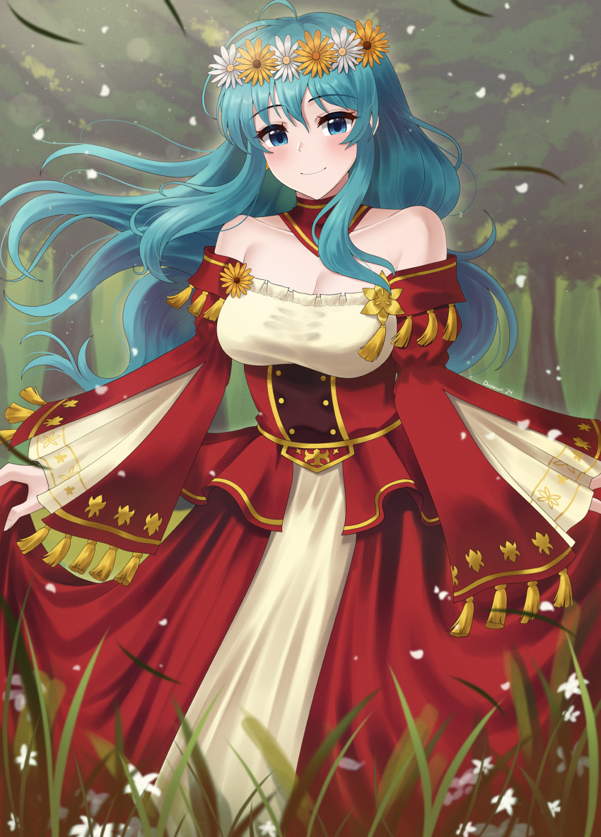 1girl, aqua_eyes, aqua_hair, artist_name, bare_shoulders, breasts, cleavage, closed_mouth, commentary, doiparuni, dress, eirika_(fire_emblem), eirika_(valentine)_(fire_emblem), english_commentary, fire_emblem, fire_emblem:_the_sacred_stones, fire_emblem_heroes, flower, grass, hair_flower, hair_ornament, highres, holding_own_dress, long_hair, long_sleeves, looking_at_viewer, nintendo, official_alternate_costume, outdoors, red_dress, sidelocks, smile, solo, tree, wide_sleeves