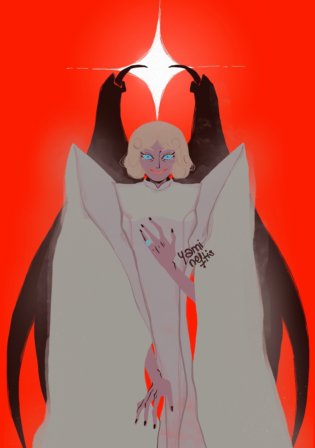 1girl, dc_comics, demon_girl, demon_wings, dress, highres, jewelry, long_sleeves