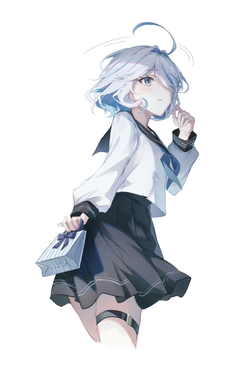 1girl, ahoge, arm_at_side, bag, black_sailor_collar, black_skirt, blue_hair, blue_neckerchief