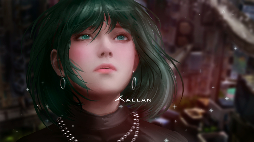 1girl, absurdres, bead_necklace, beads, blunt_bangs, commentary_request, earrings, fubuki_(one-punch_man), green_eyes, green_hair, highres, hoop_earrings, jewelry, kartikeya_raut, necklace, one-punch_man, open_mouth, realistic, short_hair, solo, teeth