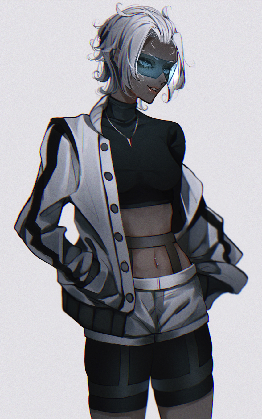 1girl, absurdres, bike_shorts, black_shorts, blue_eyes, breasts, cowboy_shot, dark-skinned_female