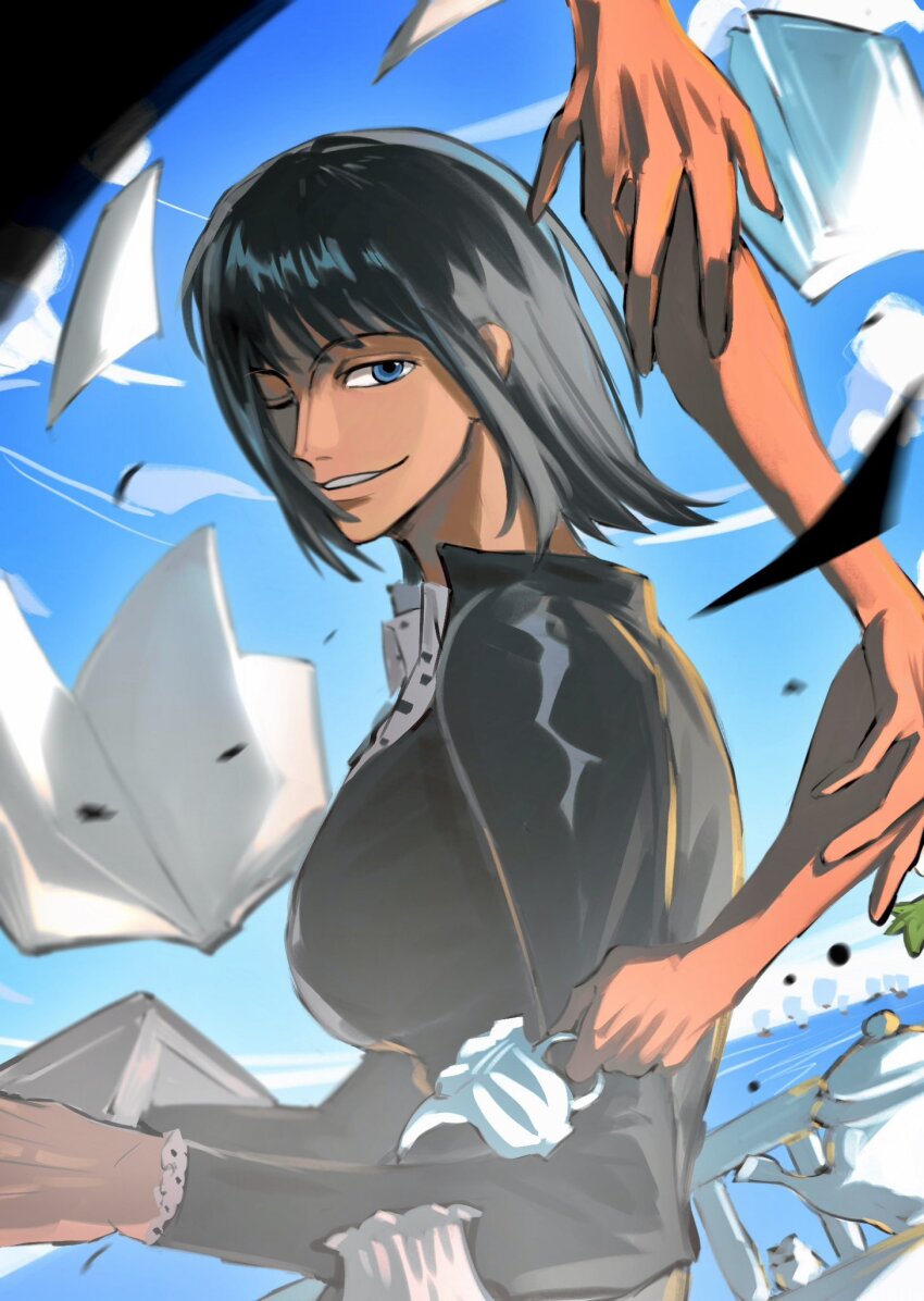 1girl, black_hair, blue_eyes, blunt_bangs, book, cloud, cloudy_sky, collared_shirt, commentary_request, cup, dark-skinned_female, dark_skin, disembodied_hand, extra_arms, female_focus, hana_hana_no_mi, highres, jacket, leather, leather_jacket, long_hair, long_sleeves, looking_at_viewer, medium_hair, mrjieshisu, nico_robin, nico_robin_(water_7), official_alternate_costume, one_eye_closed, one_piece, open_book, outdoors, shirt, sky, smile, solo, teacup, teapot, teeth