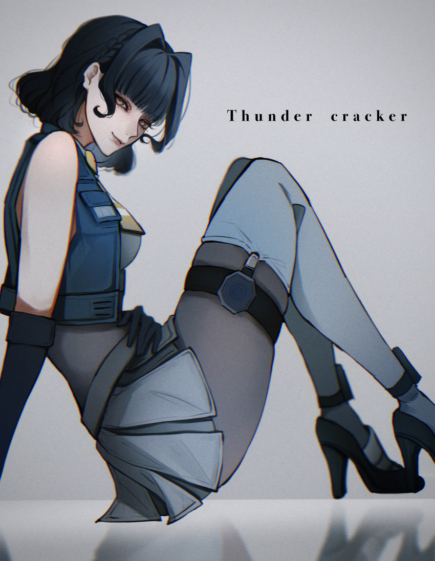 1girl, absurdres, black_footwear, black_gloves, blue_vest, bodystocking, breasts, brown_eyes