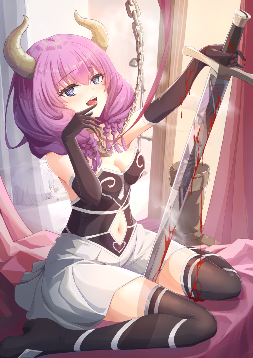 2girls, absurdres, aura_(sousou_no_frieren), black_gloves, black_thighhighs, blood, blood_on_arm, bloody_weapon, blue_eyes, breasts, chain, chained, chousetsu_(chongvon), cleavage, clothing_cutout, commentary, different_reflection, dress, elbow_gloves, frieren, gloves, hands_up, highres, holding, holding_sword, holding_weapon, horns, indoors, long_hair, looking_at_viewer, medium_breasts, multiple_girls, navel, open_mouth, purple_hair, reflection, ringed_eyes, saliva, sitting, solo, solo_focus, sousou_no_frieren, stomach_cutout, strapless, strapless_dress, sword, thighhighs, tongue, tongue_out, wariza, weapon, white_dress