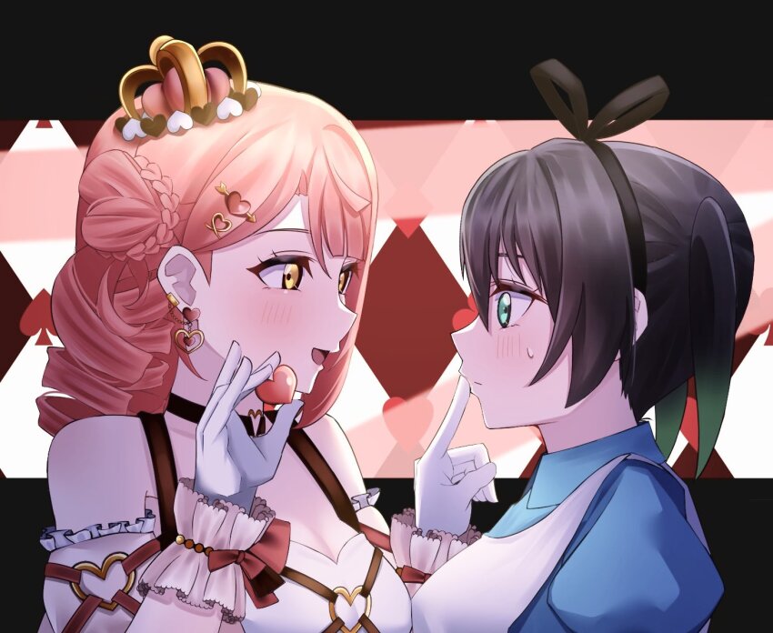 2girls, alice_(alice_in_wonderland), alice_(alice_in_wonderland)_(cosplay), ame_(amedayo_njgk), apron, black_hair, black_hairband, blue_dress, commentary, commentary_request, cosplay, crown, dress, drill_hair, earrings, finger_to_another's_mouth, from_side, gloves, gradient_hair, green_eyes, green_hair, hair_bun, hairband, heart, heart_earrings, highres, holding, jewelry, looking_at_another, love_live!, love_live!_nijigasaki_high_school_idol_club, love_live!_school_idol_festival_2, medium_hair, multicolored_hair, multiple_girls, open_mouth, pink_hair, single_side_bun, sweat, swept_bangs, takasaki_yu, twintails, uehara_ayumu, upper_body, valentine, white_apron, white_gloves, yellow_eyes, yuri