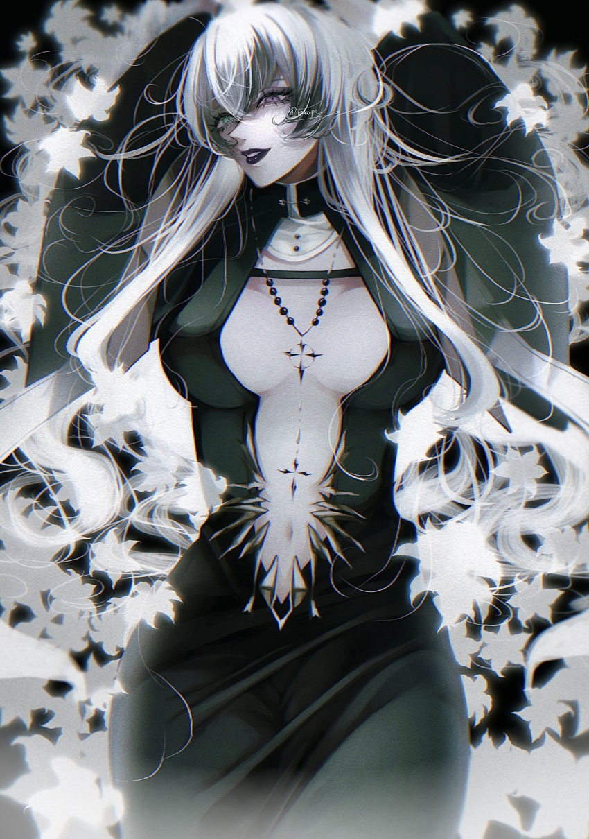 1girl, absurdres, black_dress, black_eyeshadow, black_hair, black_lips, blue_eyes, breasts