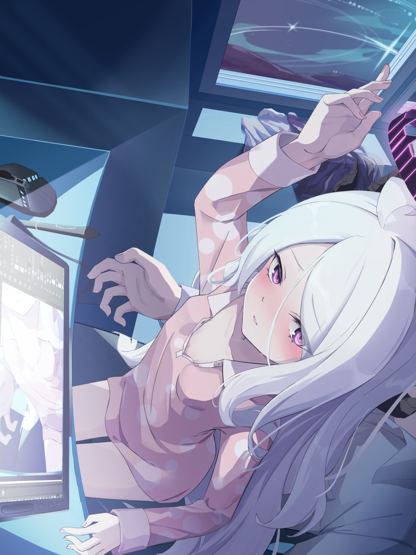 1boy, 1girl, absurdres, arm_up, blue_archive, blush, bottomless, breasts, chousetsu_(chongvon), commentary_request, drawing_tablet, halo, highres, hina_(blue_archive), hina_(pajamas)_(blue_archive), indoors, loli, long_hair, long_sleeves, looking_at_viewer, computer_mouse, pajamas, parted_bangs, parted_lips, pink_shirt, polka_dot, polka_dot_shirt, purple_eyes, sensei_(blue_archive), shirt, sitting, small_breasts, solo_focus, sweat, white_hair, window