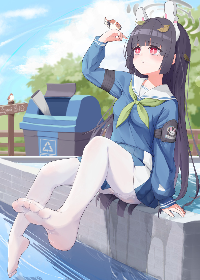 1girl, absurdres, animal_ear_headphones, animal_ears, arm_up, bird, bird_on_hand, black_hair, blue_archive, blue_shirt, blue_skirt, blue_sky, blunt_bangs, breasts, bright_pupils, chousetsu_(chongvon), closed_mouth, cloud, fake_animal_ears, feet, foot_focus, green_neckerchief, grey_halo, halo, headphones, highres, leaf, leaf_on_head, long_hair, long_sleeves, looking_at_animal, medium_breasts, miyu_(blue_archive), neckerchief, outdoors, panties, panties_under_pantyhose, pantyhose, pantyshot, pink_eyes, rabbit_ear_headphones, rabbit_ears, school_uniform, serafuku, shirt, sitting, skirt, sky, soles, solo, toes, trash_can, underwear, wet, white_pantyhose, white_pupils
