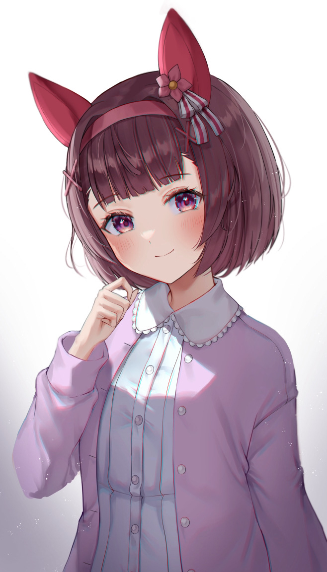 1girl, animal_ears, blunt_bangs, blush, bob_cut, brown_hair, cardigan, casual