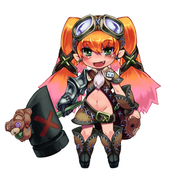 1girl, armor, blush, dwarf, dwarf_(monster_girl_encyclopedia), goggles, gradient_hair, green_eyes, hammer, kenkou_cross, lowres, monster_girl, monster_girl_encyclopedia, multicolored_hair, navel, orange_hair, pink_hair, sack, simple_background, stuffed_animal, stuffed_toy, teddy_bear