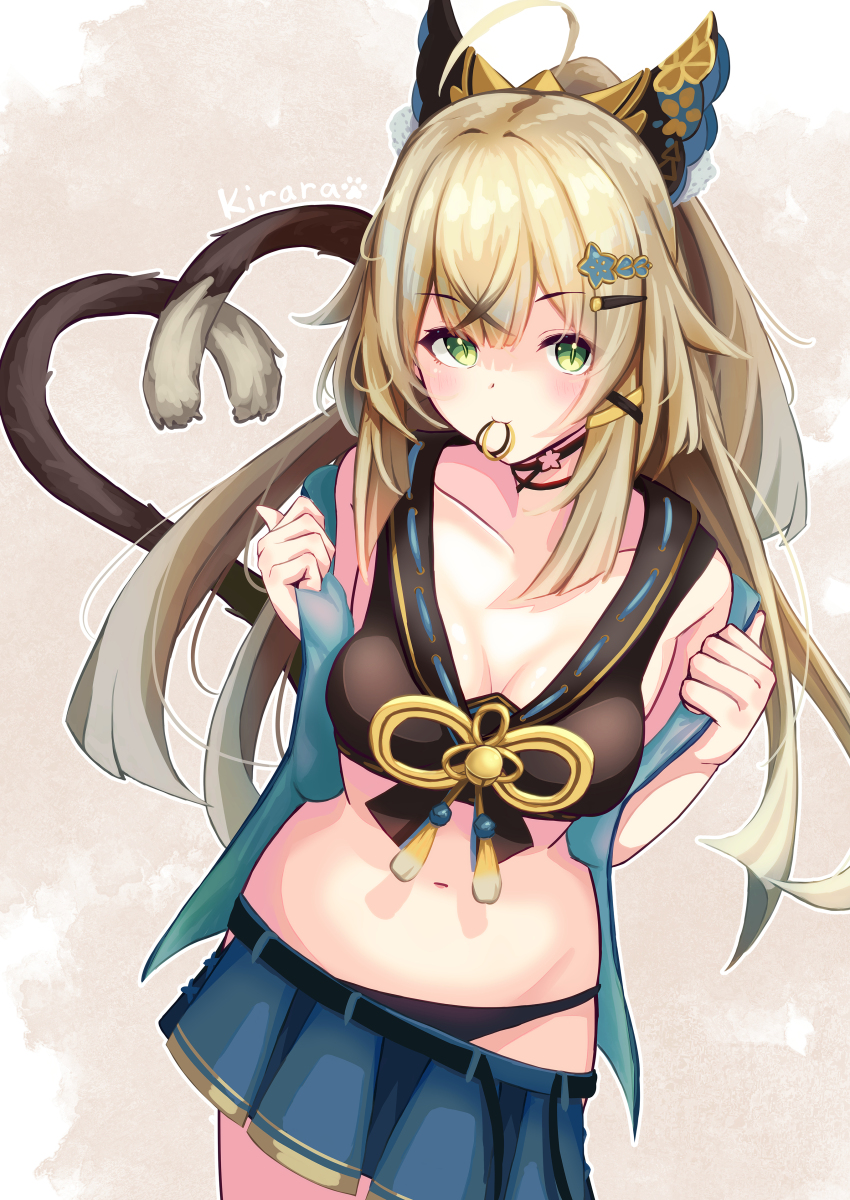 1girl, absurdres, ahoge, animal_ears, bare_shoulders, black_panties, blue_skirt, blue_vest