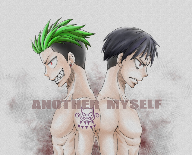 2boys, arm_tattoo, black_hair, character_request, copyright_request, dyed_hair, ear_piercing, en'en_no_shouboutai