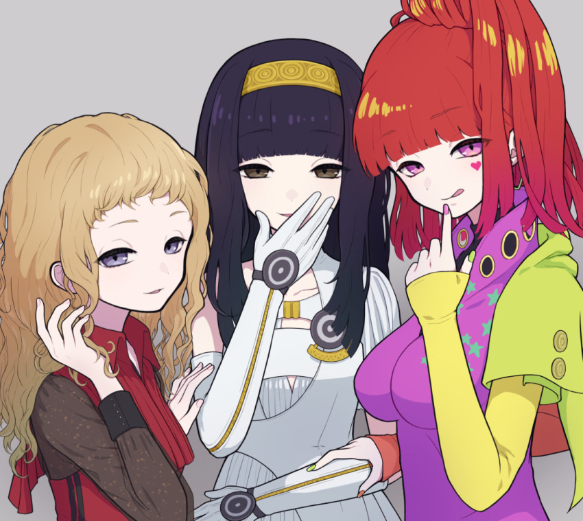 black_hair, blunt_bangs, brown_eyes, dress, earrings, eyelashes, gloves, gnosia