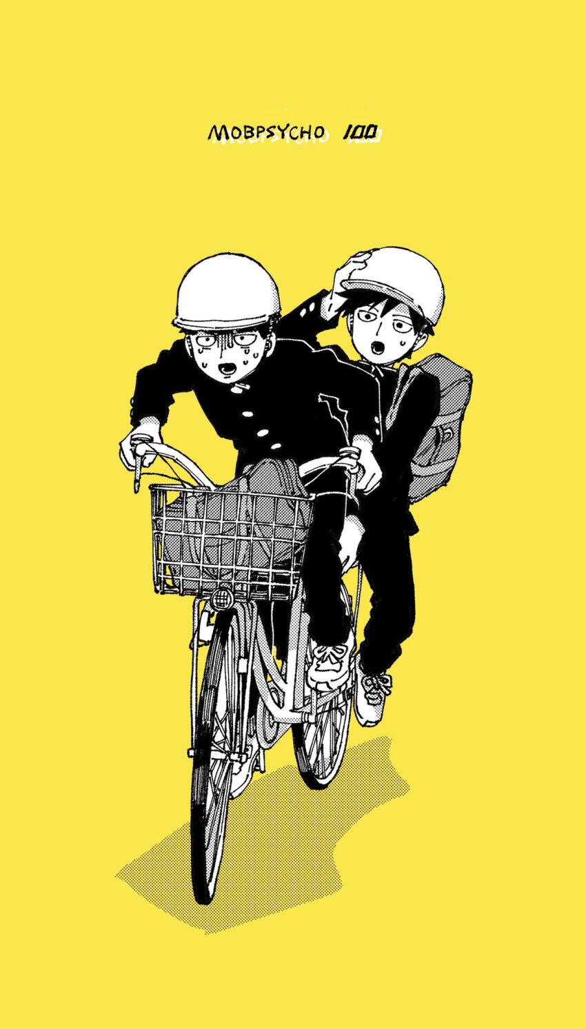 2boys, bag, bicycle, bicycle_basket, bicycle_helmet, brothers, constricted_pupils, copyright_name