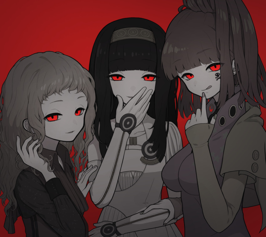 black_hair, blunt_bangs, brown_eyes, corruption, dark_persona, dress, earrings, eyelashes, gloves, gnosia, green_sleeves, high_ponytail, hime_cut, jewelry, kukrushka_(gnosia), long_hair, looking_at_viewer, masoogenki, ponytail, red_hair, simple_background, solo, sq_(gnosia), straight_hair, tattoo, wavy_hair, white_dress, white_gloves, yuriko_(gnosia)