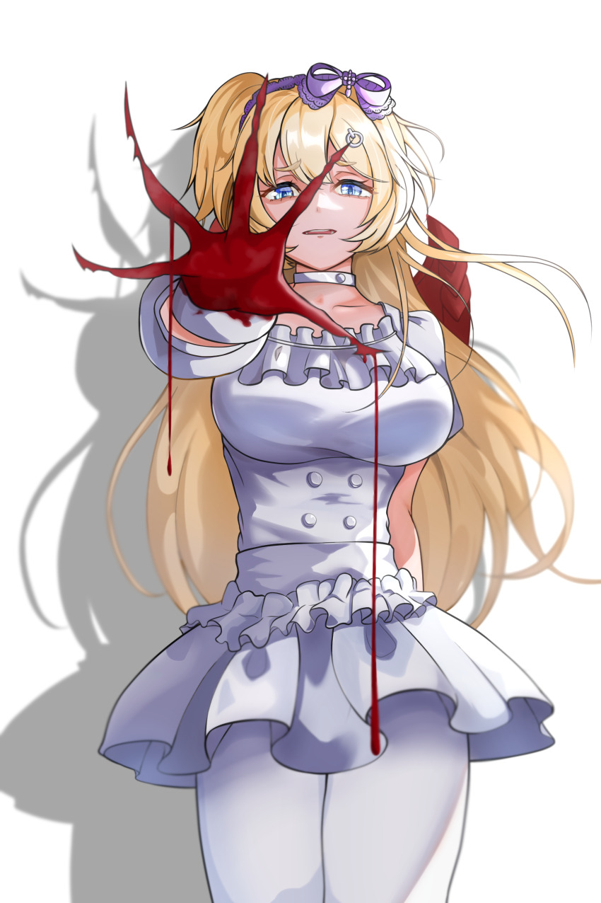 1girl, absurdres, blonde_hair, blood, blood_on_hands, blue_eyes, choker, dress