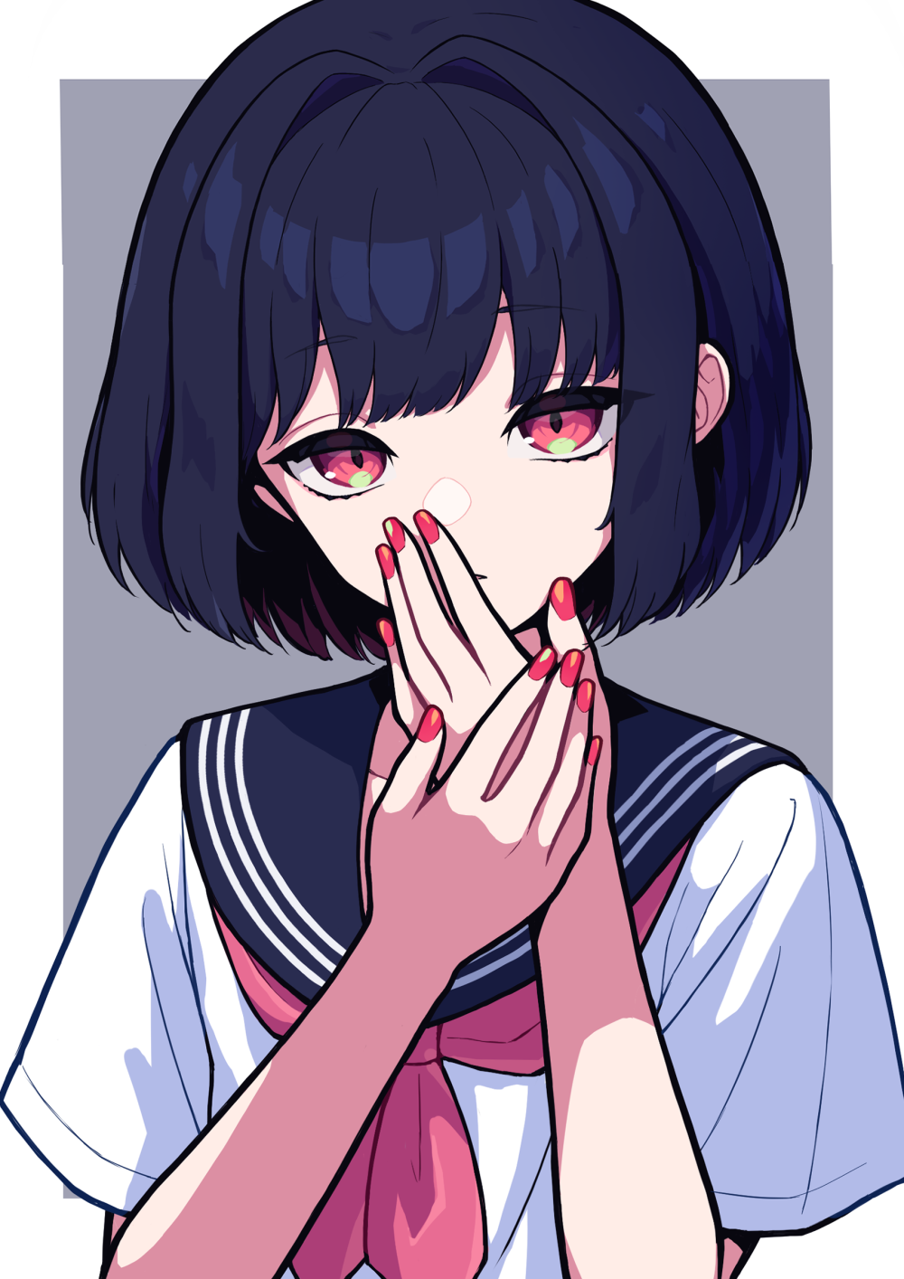 1girl, bare_arms, blue_hair, blush, breasts, highres, hime_cut, looking_at_viewer