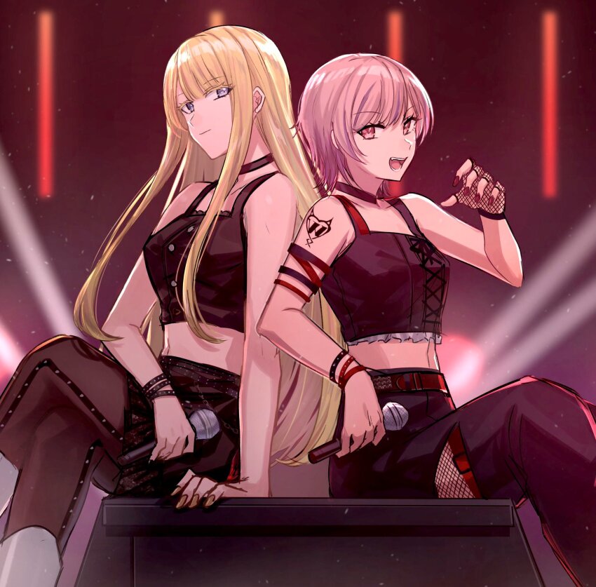 2girls, aoki_shizumi, belt, black_pantyhose, blonde_hair, brown_hair, choker, closed_mouth
