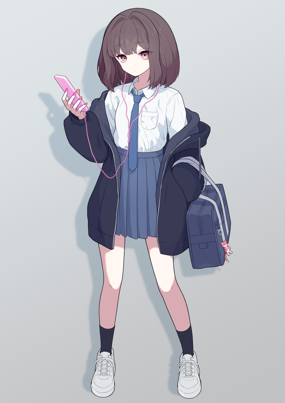 1girl, bag, blue_necktie, blue_skirt, brown_hair, highres, jacket, looking_at_viewer