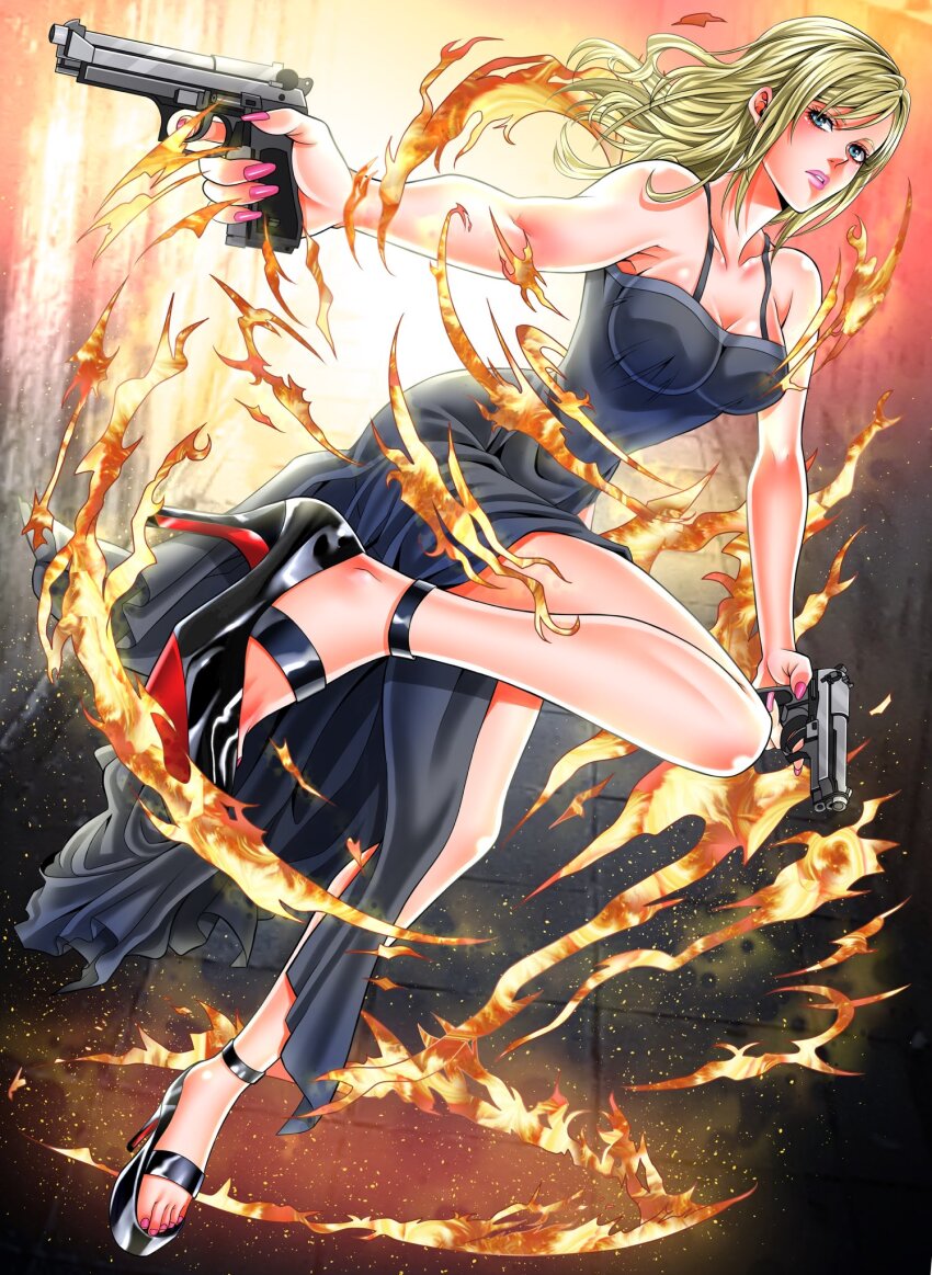 1girl, aya_brea, beretta_92, black_dress, blonde_hair, blue_eyes, breasts, cleavage