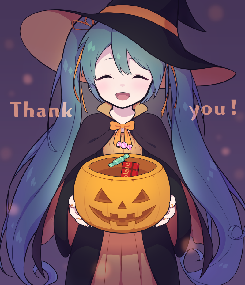 1girl, alternate_costume, aqua_hair, bow, bowtie, candy, capelet, closed_eyes, food, gloves, halloween, halloween_bucket, hat, hatsune_miku, long_hair, looking_at_viewer, masoogenki, orange_bow, orange_bowtie, solo, twintails, vocaloid, witch, witch_hat