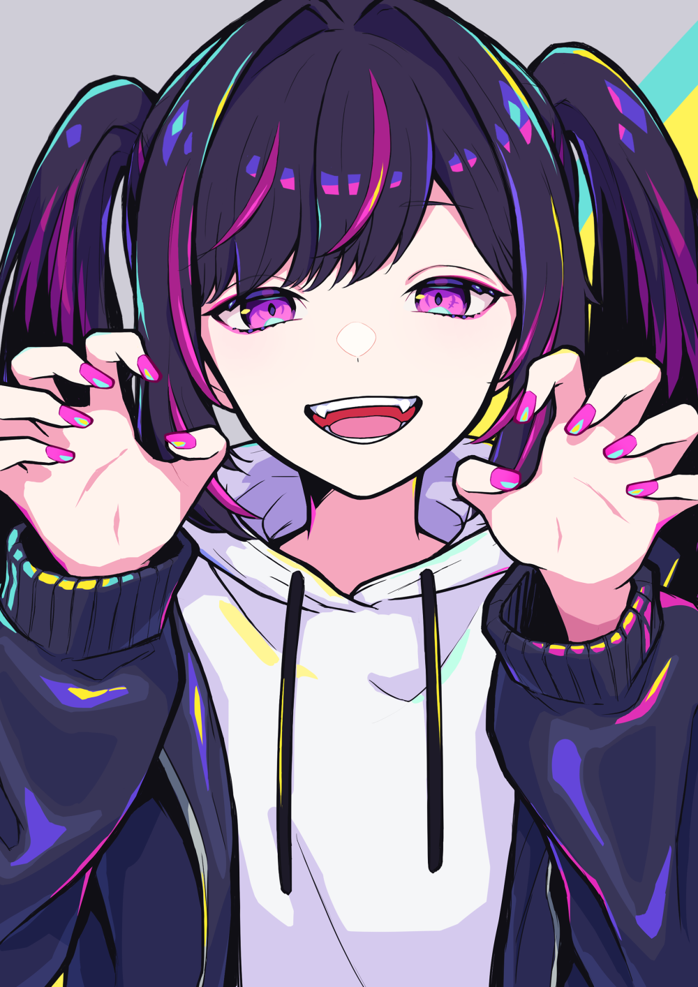 1girl, black_hair, claw_pose, fangs, highres, hood, hoodie, long_hair