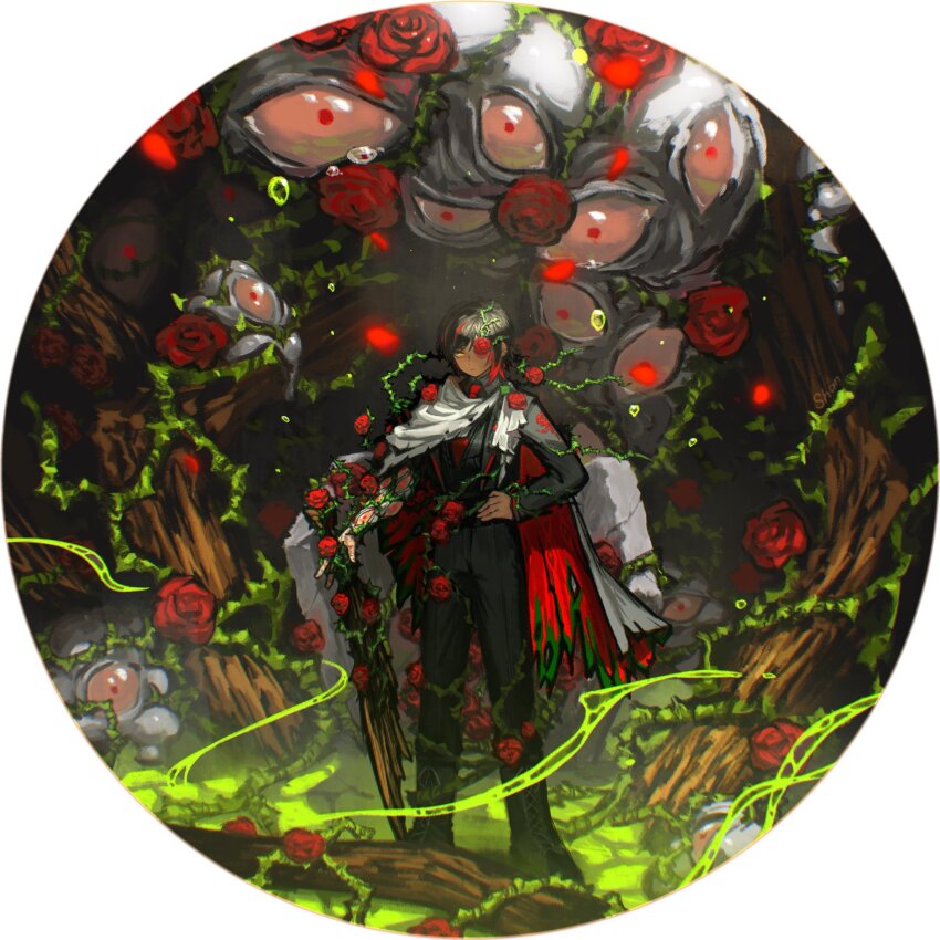 1girl, black_coat, black_footwear, black_pants, black_vest, boots, brown_eyes, brown_hair, coat, dark-skinned_female, dark_skin, e.g.o_(project_moon), extra_eyes, flower, highres, limbus_company, one_eye_covered, outis_(project_moon), pants, plant, project_moon, red_eyes, rose, shan23852196, short_hair, sign_of_roses, signature, solo_focus, tearing_up, thorns, vest, vines, wood