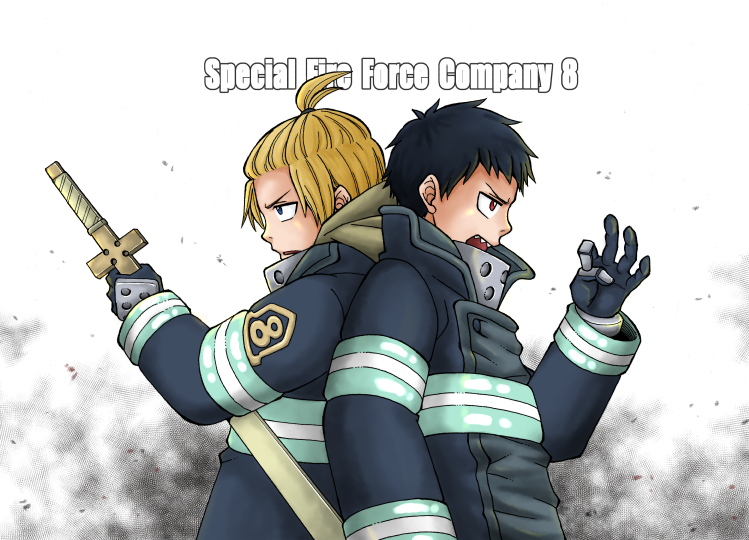 2boys, arthur_boyle, black_hair, blonde_hair, blue_eyes, en'en_no_shouboutai, fire_fighter, gloves