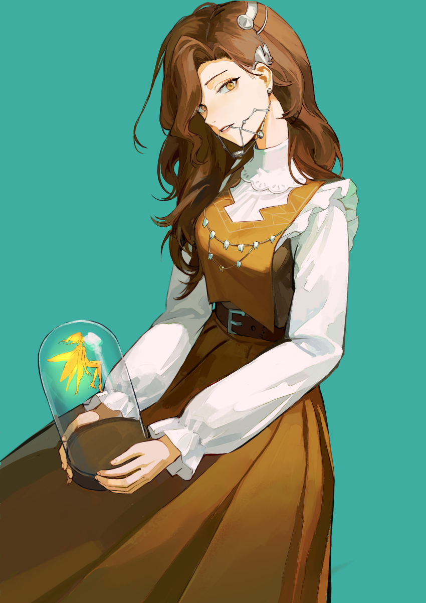 1girl, 1other, absurdres, aqua_background, bell_jar, belt, braces, brown_dress