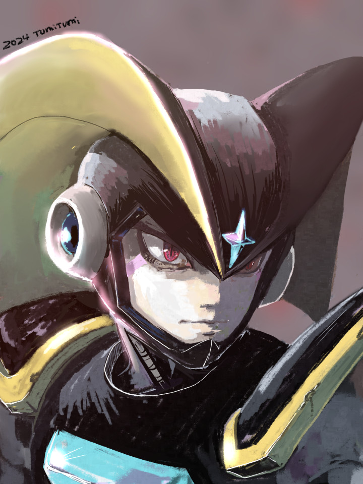 1boy, android, bass_(mega_man), commentary, english_commentary, helmet, light, male_focus