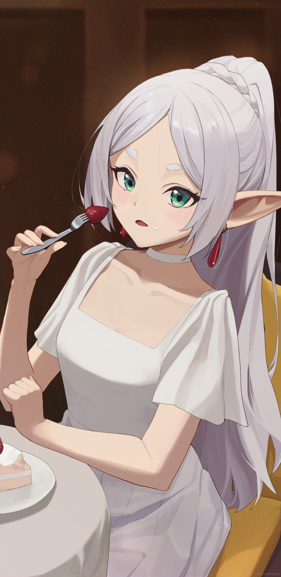 1girl, breasts, cake, chair, collarbone, dress, eating, elf