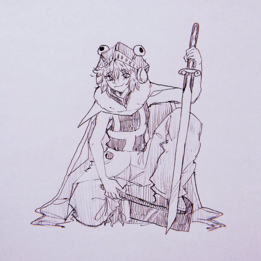 1other, androgynous, animal_feet, animal_helmet, bare_arms, barefoot, cape, closed_mouth