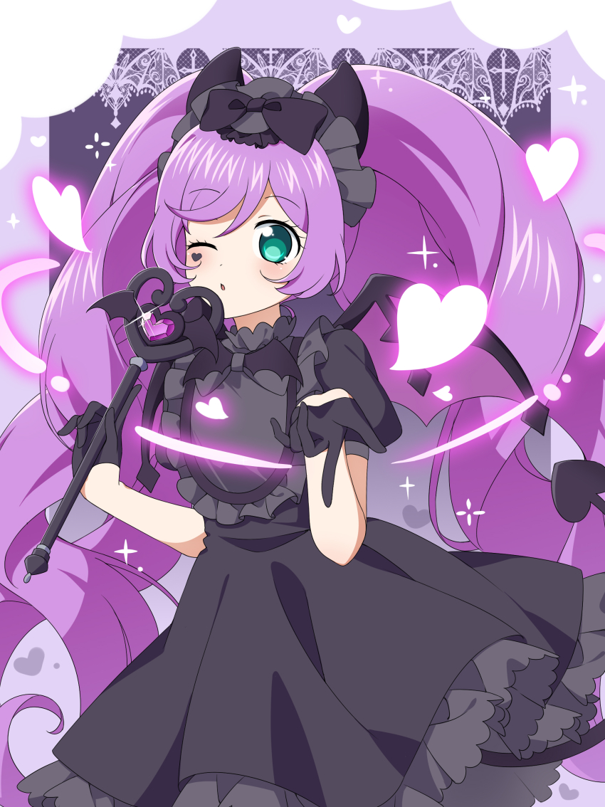 1girl, absurdres, black_dress, black_gloves, black_hairband, black_horns, black_tail, blowing_kiss