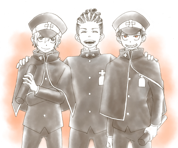3boys, arthur_boyle, closed_eyes, dreadlocks, en'en_no_shouboutai, hat, looking_at_viewer, monochrome, montgomery_ogun, multiple_boys, red_eyes, rope, sharp_teeth, shinra_kusakabe, smile, teeth, tokoswrb88
