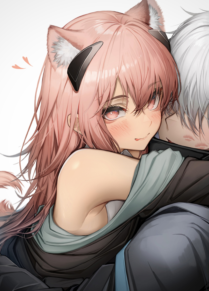 1boy, 1girl, absurdres, animal_ear_fluff, animal_ears, arknights, armpit_crease, black_coat