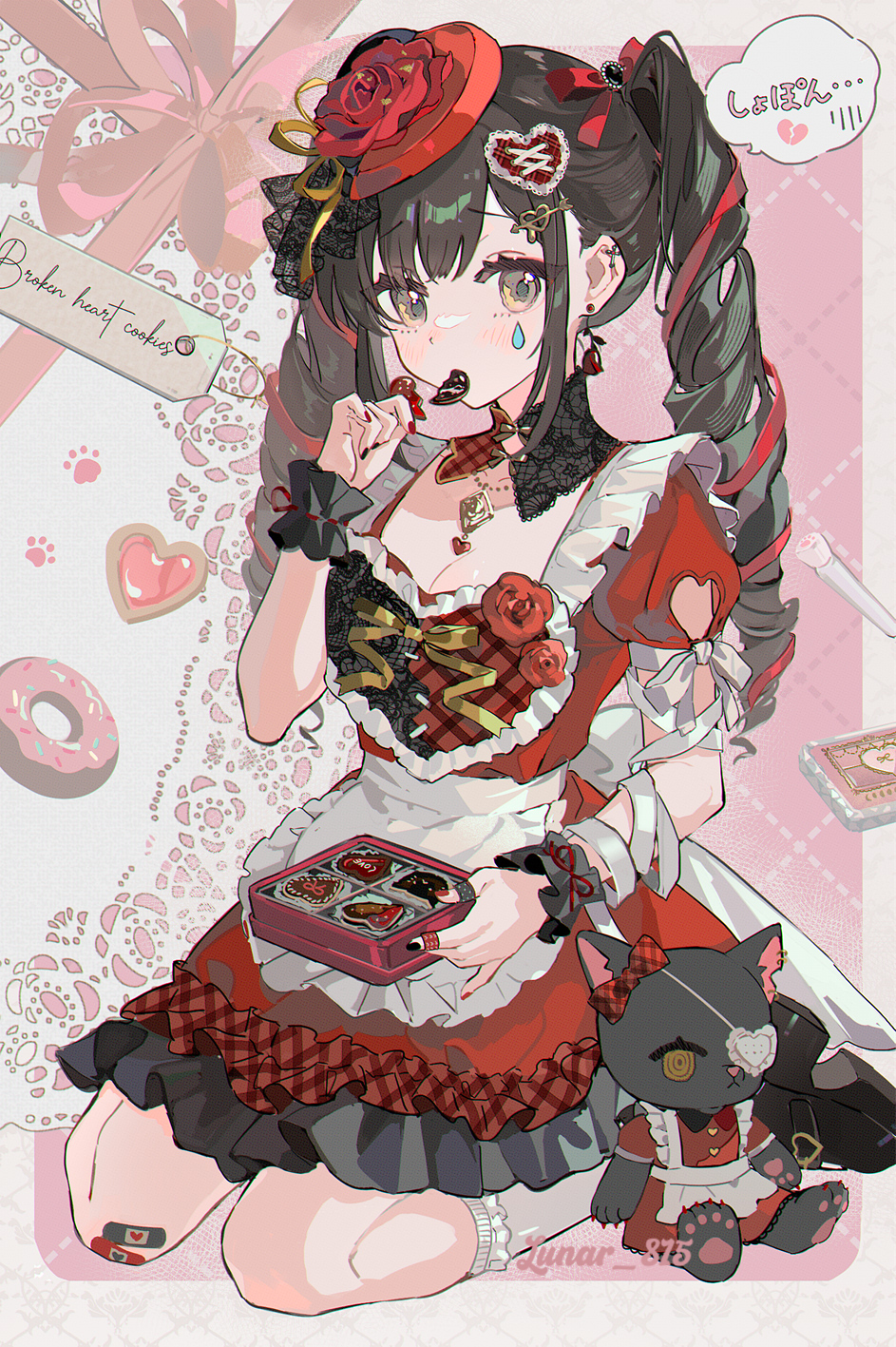 1girl, apron, argyle_background, argyle_clothes, bandaid, bandaid_on_knee, bandaid_on_leg, blue_nails