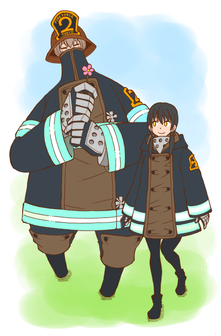 1boy, 1girl, black_hair, closed_eyes, couple, en'en_no_shouboutai, flower, gloves