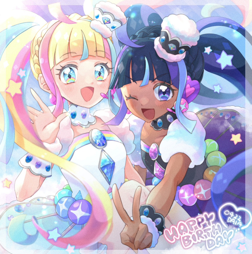 2girls, :d, ;d, ahoge, black_dress, blonde_hair, blue_eyes, blue_hair