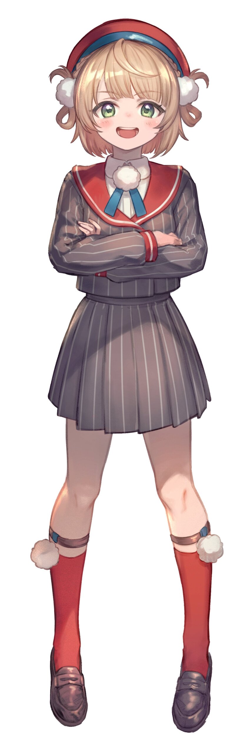 1girl, absurdres, black_shoes, brown_hair, crossed_arms, full_body, green_eyes, grey_shirt