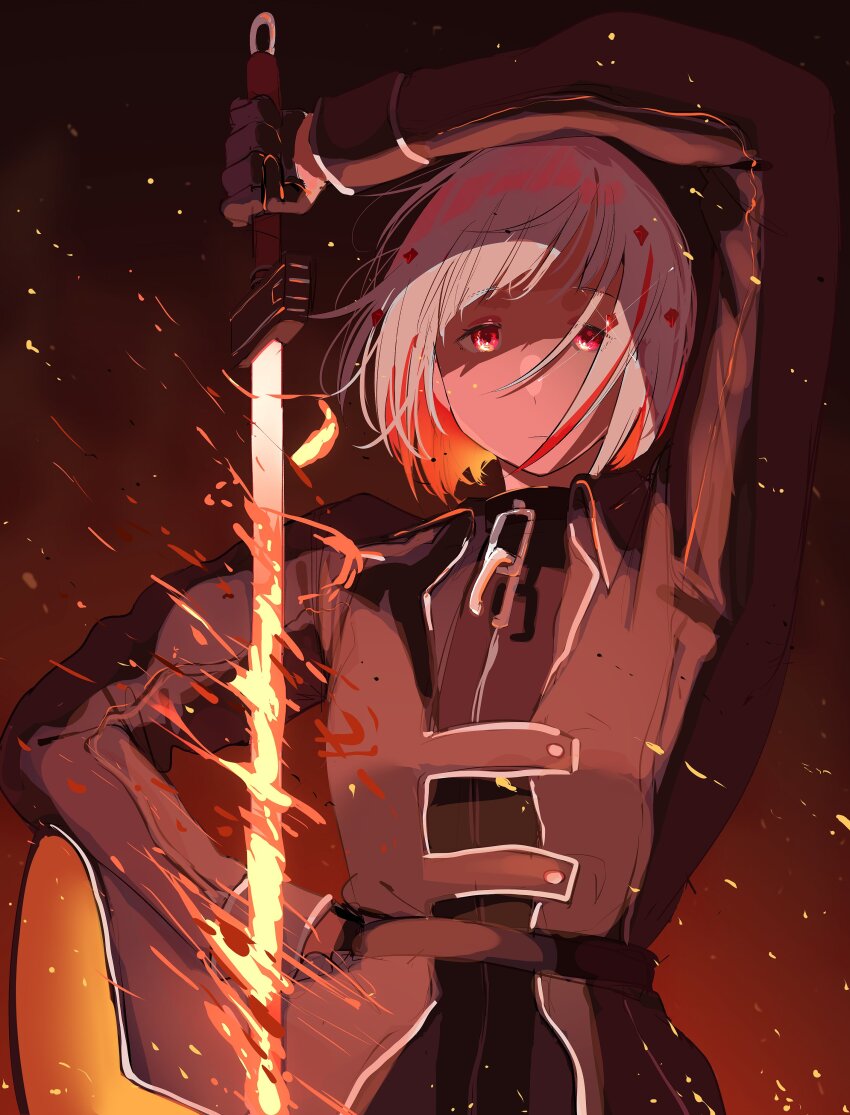 1girl, absurdres, black_gloves, black_jacket, closed_mouth, collared_jacket, colored_inner_hair, commentary, commentary_request, fire, flaming_sword, flaming_weapon, gloves, half_gloves, hand_on_own_hip, hasunosora_fantasy, highres, holding, holding_sword, holding_weapon, jacket, link!_like!_love_live!, long_sleeves, looking_at_viewer, love_live!, multicolored_hair, okpriko, red_eyes, red_hair, short_hair, solo, streaked_hair, sword, upper_body, virtual_youtuber, weapon, yugiri_tsuzuri