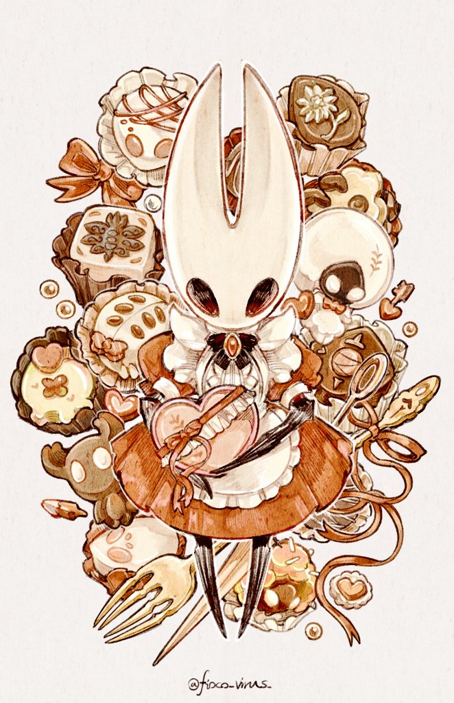 1girl, alternate_costume, apron, artist_name, black_bow, black_bowtie, bow, bowtie, box, cake, character_request, dress, enmaided, fioco_virus, food, fork, full_body, gem, heart-shaped_box, holding, holding_box, hollow_eyes, hollow_knight, hornet_(hollow_knight), horns, knight_(hollow_knight), lace_(hollow_knight), little_weaver_(hollow_knight), looking_at_viewer, maid, nail_(hollow_knight), puffy_short_sleeves, puffy_sleeves, red_dress, red_ribbon, ribbon, short_sleeves, solo, unfinished, waist_apron