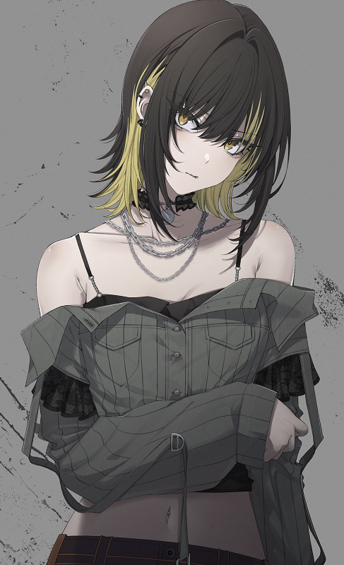 1girl, armpit_crease, bags_under_eyes, bare_shoulders, belt, black_choker, black_eyeliner, black_eyeshadow