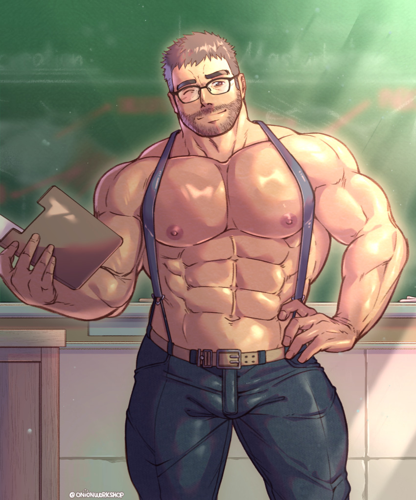 1boy, abs, bara, chalkboard, contrapposto, denim, desk, glasses